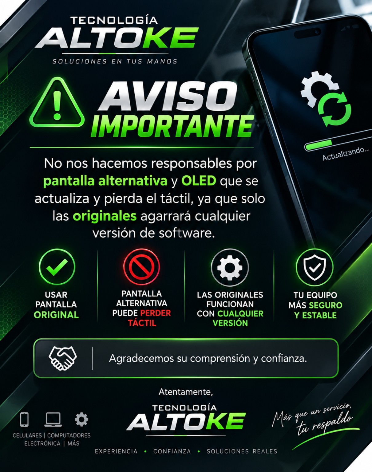 Información de garantía para reparaciones y pantallas de Tecnología Altoke