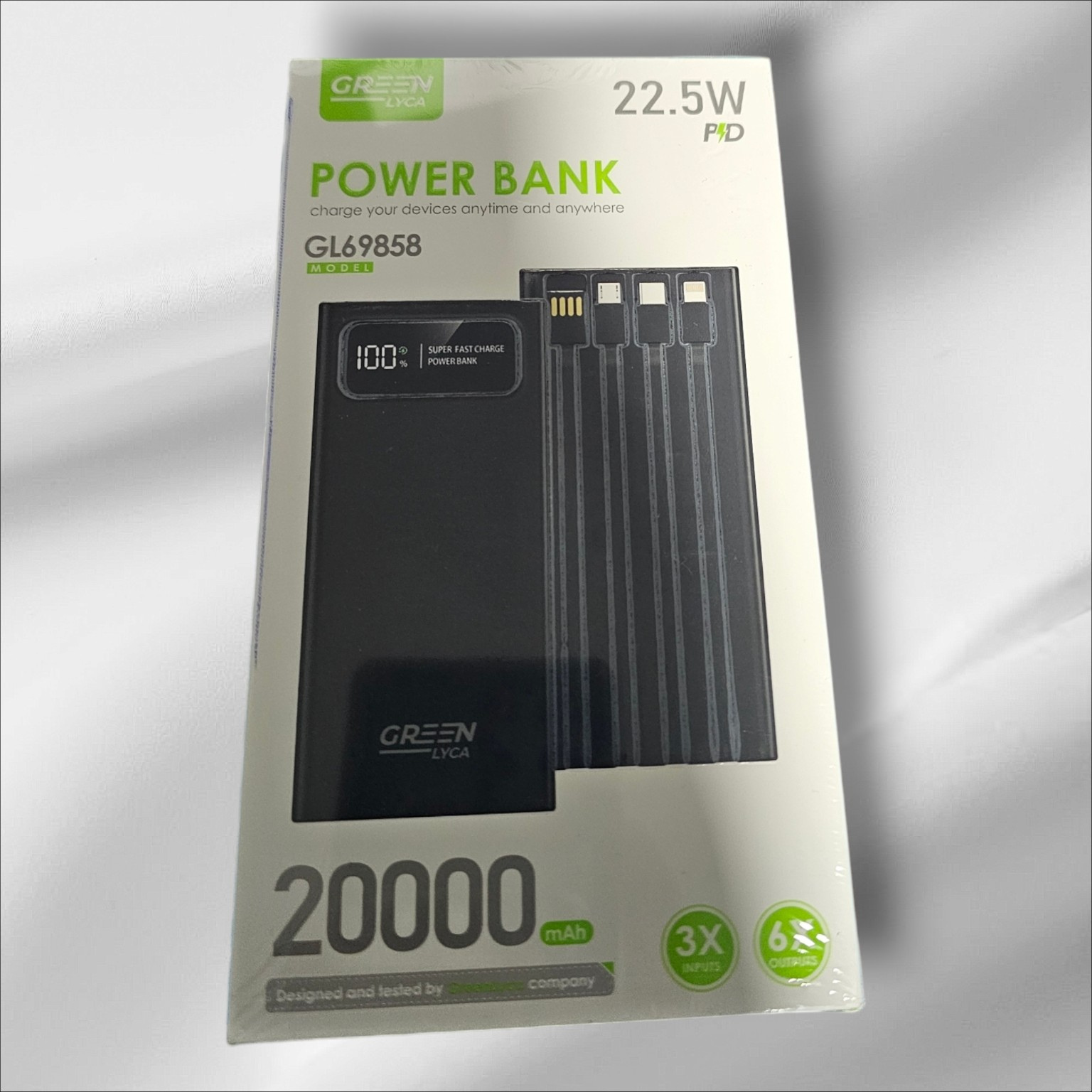 Powerbank 20.000 mAh 22.5 W con cuatro cables incorporados